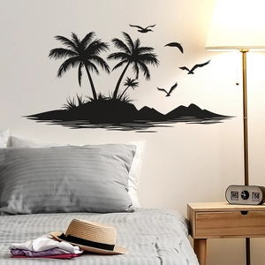 Tropical island wall sticker featuring palm trees and birds silhouette in bedroom decor