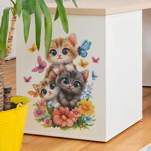 Stickers muraux autocollants avec trois mignons chatons et des fleurs pour la maison