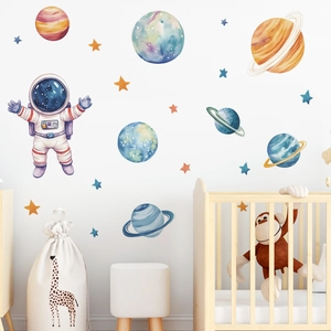 Self-adhesive watercolor cartoon astronaut and planets wall stickers for kids nursery room