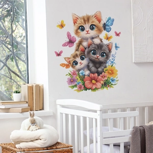 Autocollants muraux avec trois chats mignons, fleurs et papillons pour chambre d'enfant