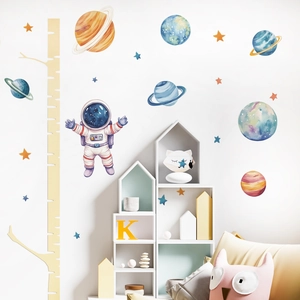 Self-adhesive astronaut and planet wall stickers for kids room with cartoon tree height chart
