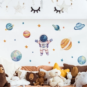 Cartoon astronaut and colorful planets watercolor wall stickers for kids bedroom decor