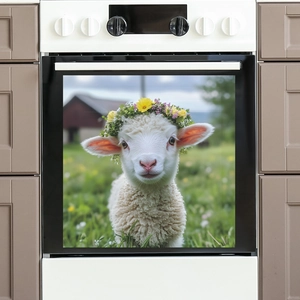 Magnetic dishwasher cover sticker featuring a cute lamb with floral wreath in country style
