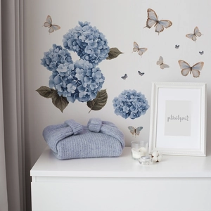 Blue hydrangea and butterfly self-adhesive wall stickers for living room decor