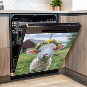 Self-adhesive cute sheep wall sticker for home decor with floral wreath and countryside background
