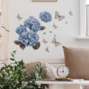 Blue hydrangea and butterfly self-adhesive wall stickers for living room home decoration