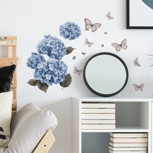 Blue hydrangea flower and butterfly wall stickers for elegant bedroom home decor