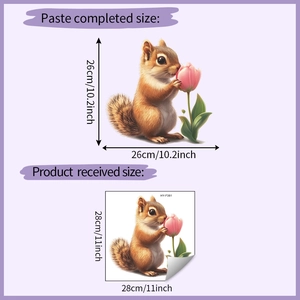 Detail of cute squirrel tulip wall sticker showing layout and finished 26x26cm size