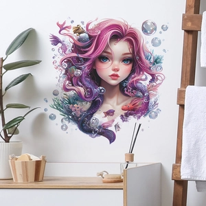 Sticker Mural Princesse Sirène en PVC Autocollant Fille aux Cheveux Violets Onirique Vie Marine pour Décoration Chambre Enfant