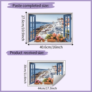 Size chart showing finished 27.6x40.6cm dimensions for 3D Santorini window wall sticker