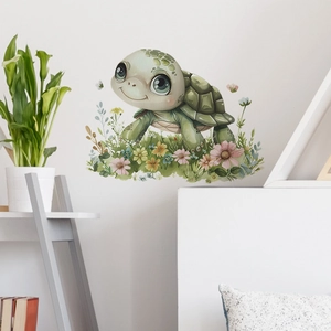 Niedlicher Schildkröten Wandtattoo mit bunten Blumen für Kinderzimmer Dekoration
