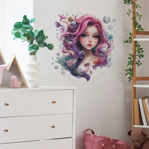 Sticker mural princesse sirène anime pour chambre avec poissons colorés et bulles