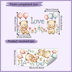 Detailed view of cartoon teddy bears with heart balloons wall sticker dimensions