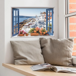3D Santorini Window View Wall Sticker Mediterranean Landscape Blue Window Frame PVC Removable Mural Home Decor For Bedroom