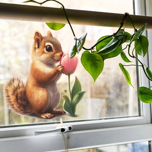 Adhesive wall sticker featuring a cute squirrel and tulip for home window decoration