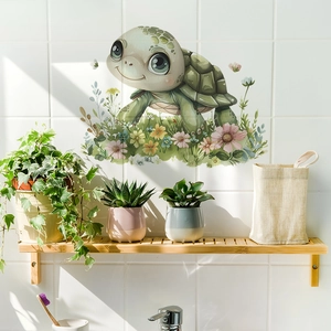 Niedlicher Cartoon Schildkröte Wandaufkleber mit bunten Blumen im Badezimmer