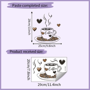 Size specifications for coffee cup wall decal showing dimensions before and after application