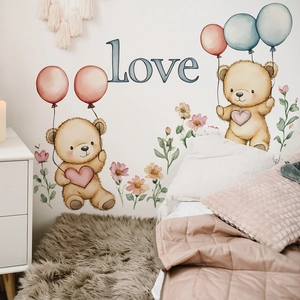 Cartoon Bear Balloon Love Heart Wall Sticker PVC Removable Watercolor Nursery Kids Room Bedroom Decorative Wall Decal