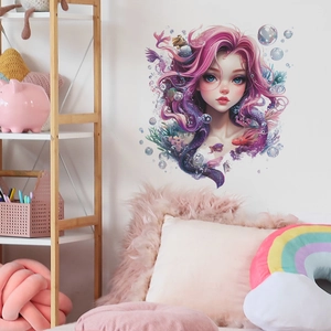 Sticker mural sirène artistique avec corail et bulles pour chambre de fille rose