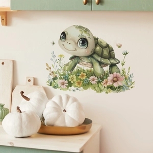 Cartoon Schildkröte Wandtattoo mit bunten Blumen für Kinderzimmer Wanddekoration