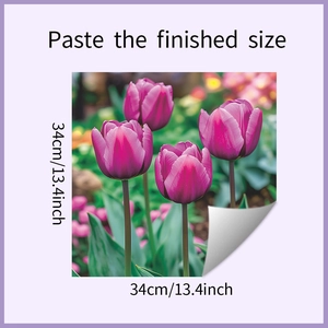 Detail showing the 34cm tulip wall sticker dimensions and purple floral design
