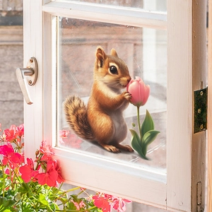 Self-adhesive wall sticker featuring a squirrel with pink tulips on a window glass pane