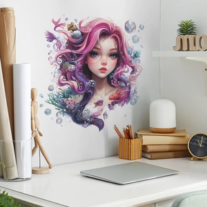 Sticker mural sirène aux cheveux roses et bulles d'océan pour décor de chambre ou salon