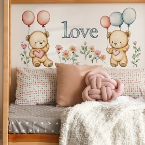 Cartoon teddy bear with heart balloons wall sticker for cozy nursery and bedroom decor