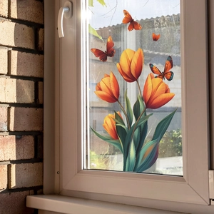 Orange Tulip And Butterfly Window Decals Removable PVC Glass Stickers For Home Decor Living Room Bedroom Kitchen