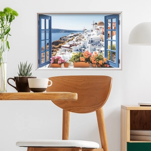 3D Santorini fake window wall sticker with blue shutters for home decoration