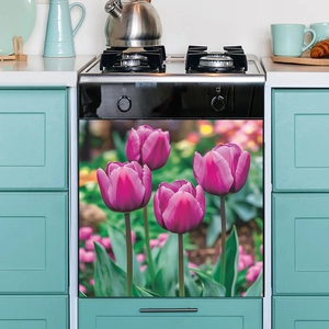 Purple Tulip Painted Landscape Kitchen Dishwasher Cupboard Decor PVC Wall Sticker Modern Home Furniture Decorative Decal