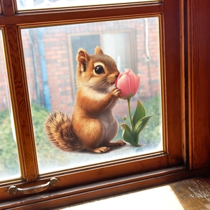 Squirrel and pink tulip self-adhesive wall sticker on a glass window for home decor