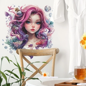 Sticker mural autocollant princesse sirène pour déco de chambre avec cheveux roses