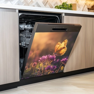 Magnetic dishwasher cover with detailed butterfly and purple floral sticker for home decor