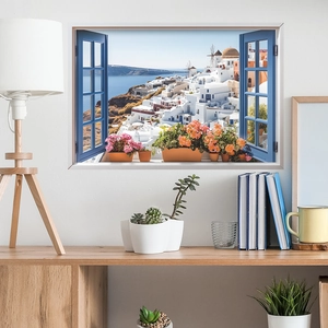 3D Mediterranean Santorini window wall sticker with blue frame and white buildings