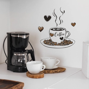 Coffee cup wall decal with heart and beans on white wall in modern kitchen decor