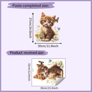 Detail showing hand-drawn cat and butterfly wall sticker with size specifications