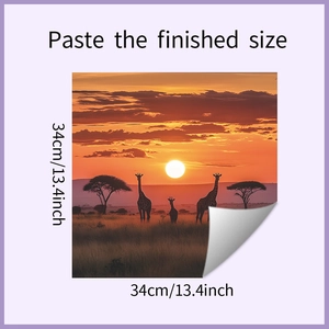 Détail de sticker girafe au coucher du soleil montrant la taille 34x34cm et texture