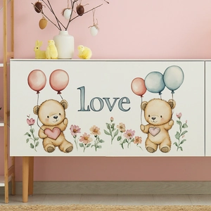 Cartoon bears with pink hearts and balloons self-adhesive wall stickers for kids' rooms