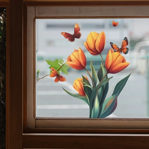 Self-adhesive orange tulip and butterfly wall stickers for bedroom home decoration