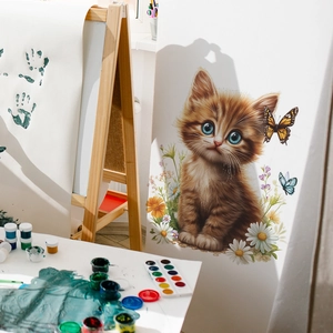 Cute orange cat wall sticker with blue eyes, daisies and butterflies for home decoration