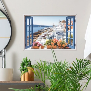 3D Santorini fake window wall sticker with blue frame and Mediterranean sea view