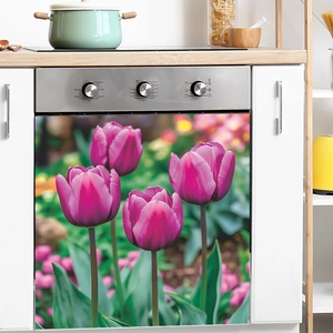 Kitchen dishwasher cover featuring vibrant purple tulip garden landscape sticker