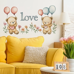 Cartoon bears with heart balloons wall sticker set for a warm bedroom and home decor
