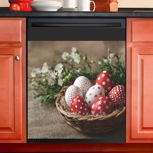 Easter egg bamboo basket magnetic dishwasher cover sticker on black appliance in kitchen