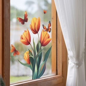 Self-adhesive window stickers featuring orange tulips and butterflies in a home setting