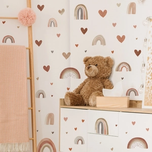 Morandi rainbow and heart wall stickers in a cozy Bohemian style nursery room decor