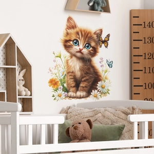 Cute Cartoon Orange Cat Butterfly Daisy PVC Wall Stickers Self Adhesive Removable Decals For Kids Room Bedroom Home Decor