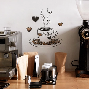Artistic coffee cup wall sticker with hearts for kitchen decor on a realistic cafe background