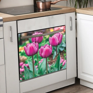 Self-adhesive dishwasher sticker featuring purple tulip landscape for kitchen cabinet decor